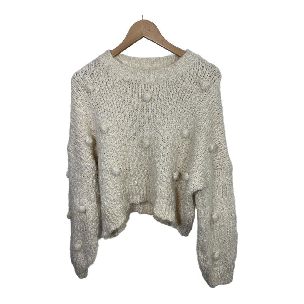 NICOLE MILLER Women’s Drop Shoulders Long Sleeve Cropped Pom Pom Sweater Ivory